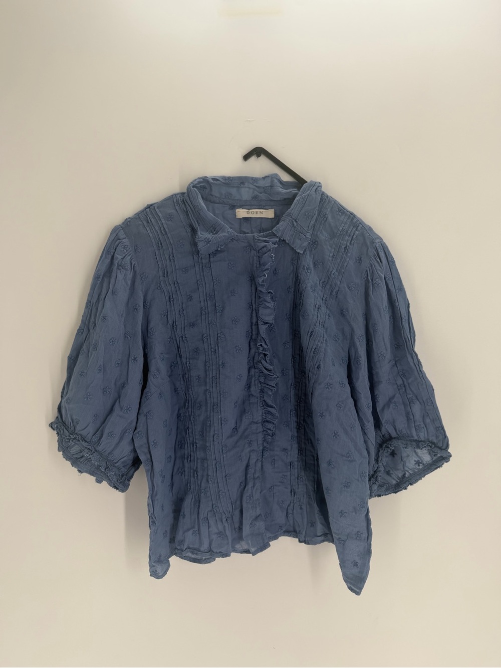 Doen Bird Delicate Floral Embroidered Ruffled Pintuck Button Down Top In Ciel